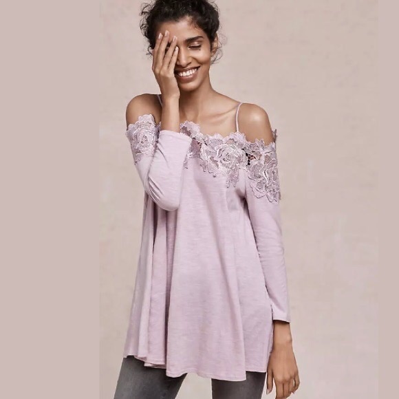 NEW Anthropologie Meadow Rue✨Lace Line Off-the-Shoulder Lilac Top - Picture 4 of 9